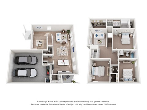 Two floor plans of a house with a garage and a kitchen.